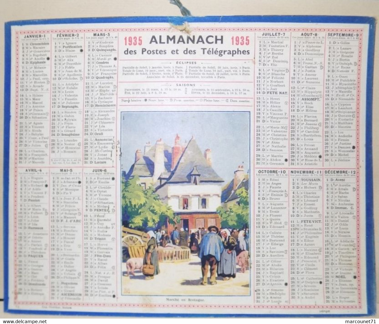 CALENDRIER ALMANACH DES POSTES ET TÉLÉGRAPHES 1935 MARCHÉ EN BRETAGNE MAINE ET LOIRE - Grand Format : 1921-40