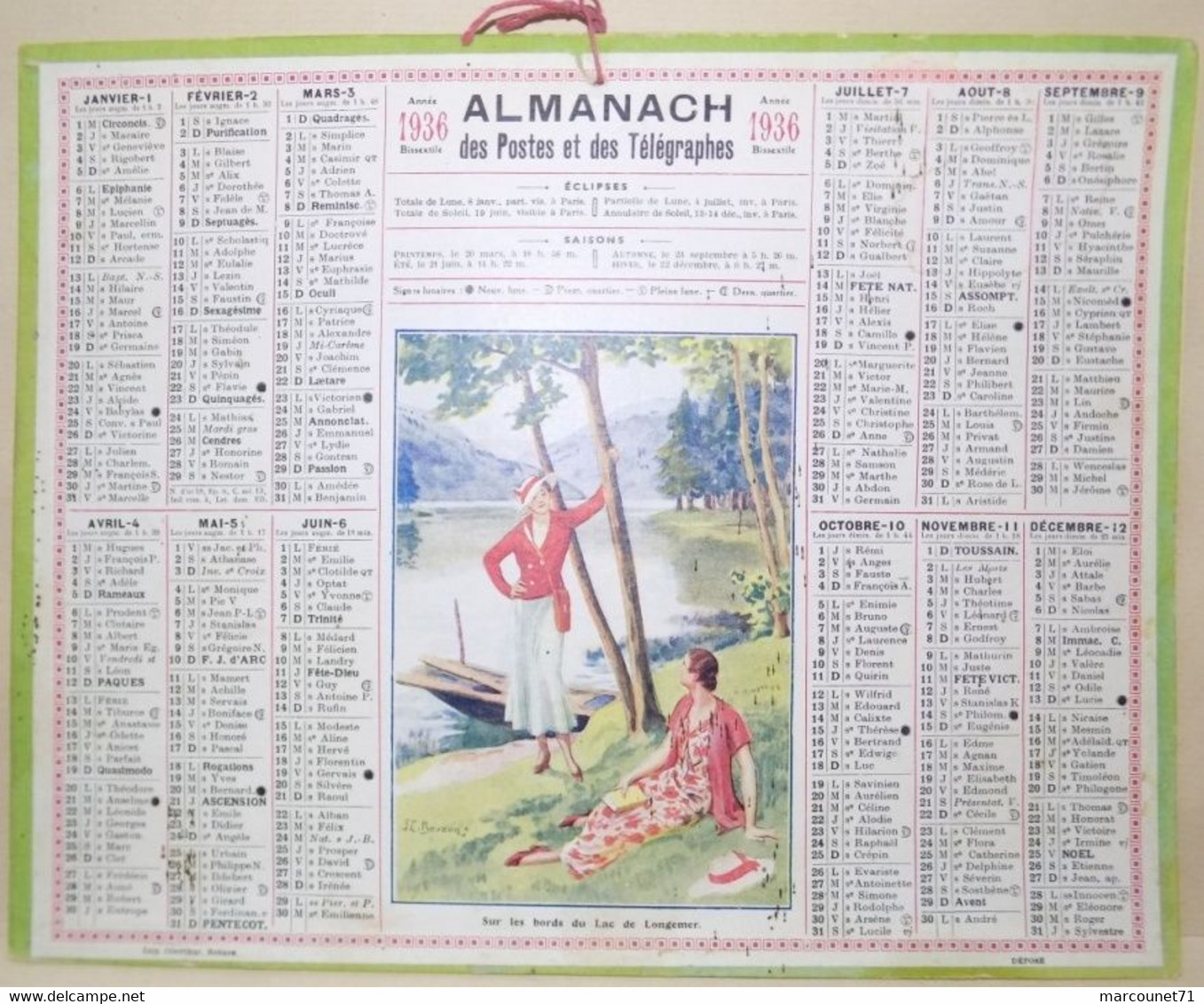 CALENDRIER ALMANACH DES POSTES ET TÉLÉGRAPHES 1936 SUR LES BORDS DU LAC DE LONGEMER MAINE ET LOIRE - Grand Format : 1921-40