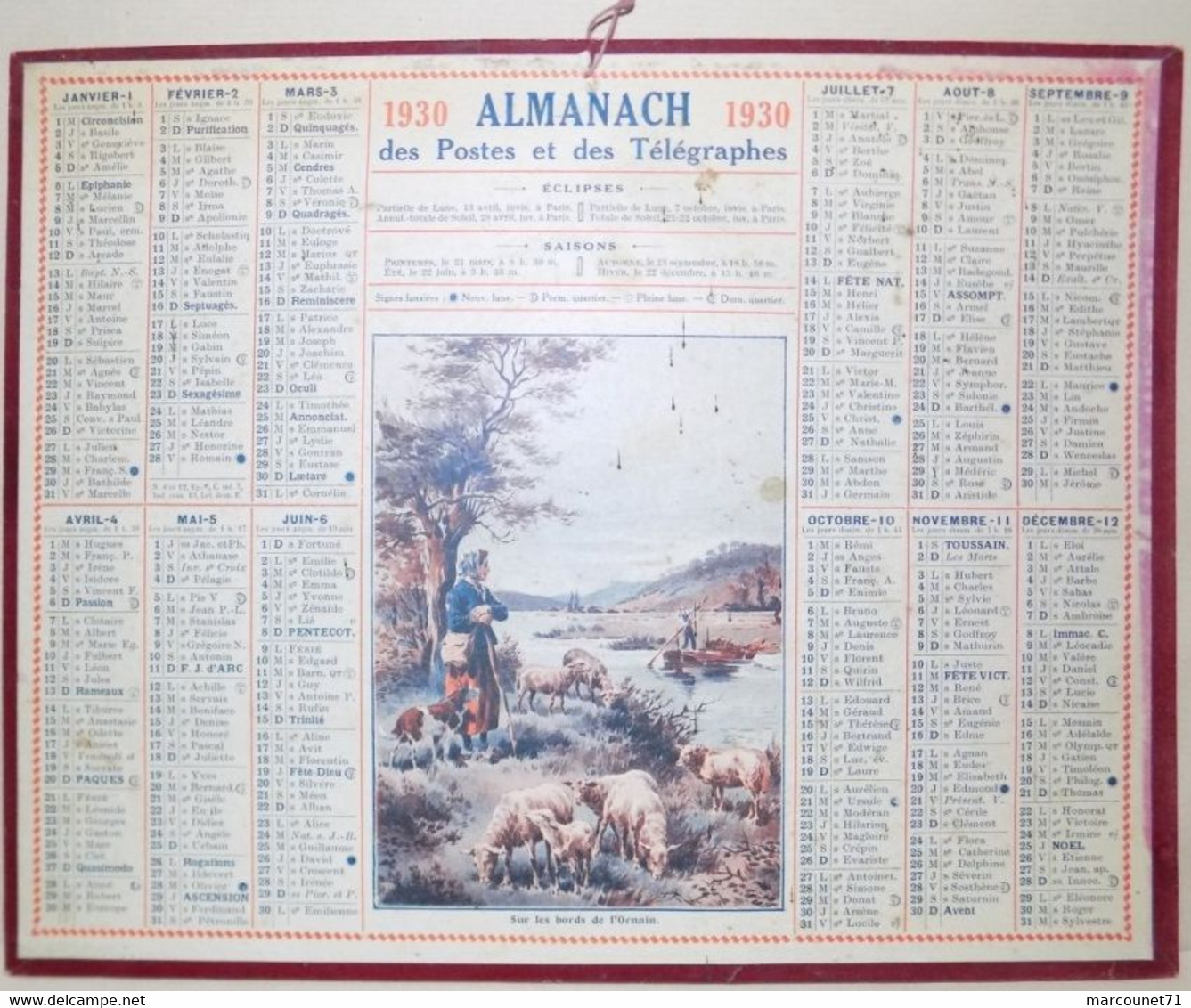 CALENDRIER ALMANACH DES POSTES ET TÉLÉGRAPHES 1930 SUR LES BORDS DE L'ORNAIN MAINE ET LOIRE - Grand Format : 1921-40