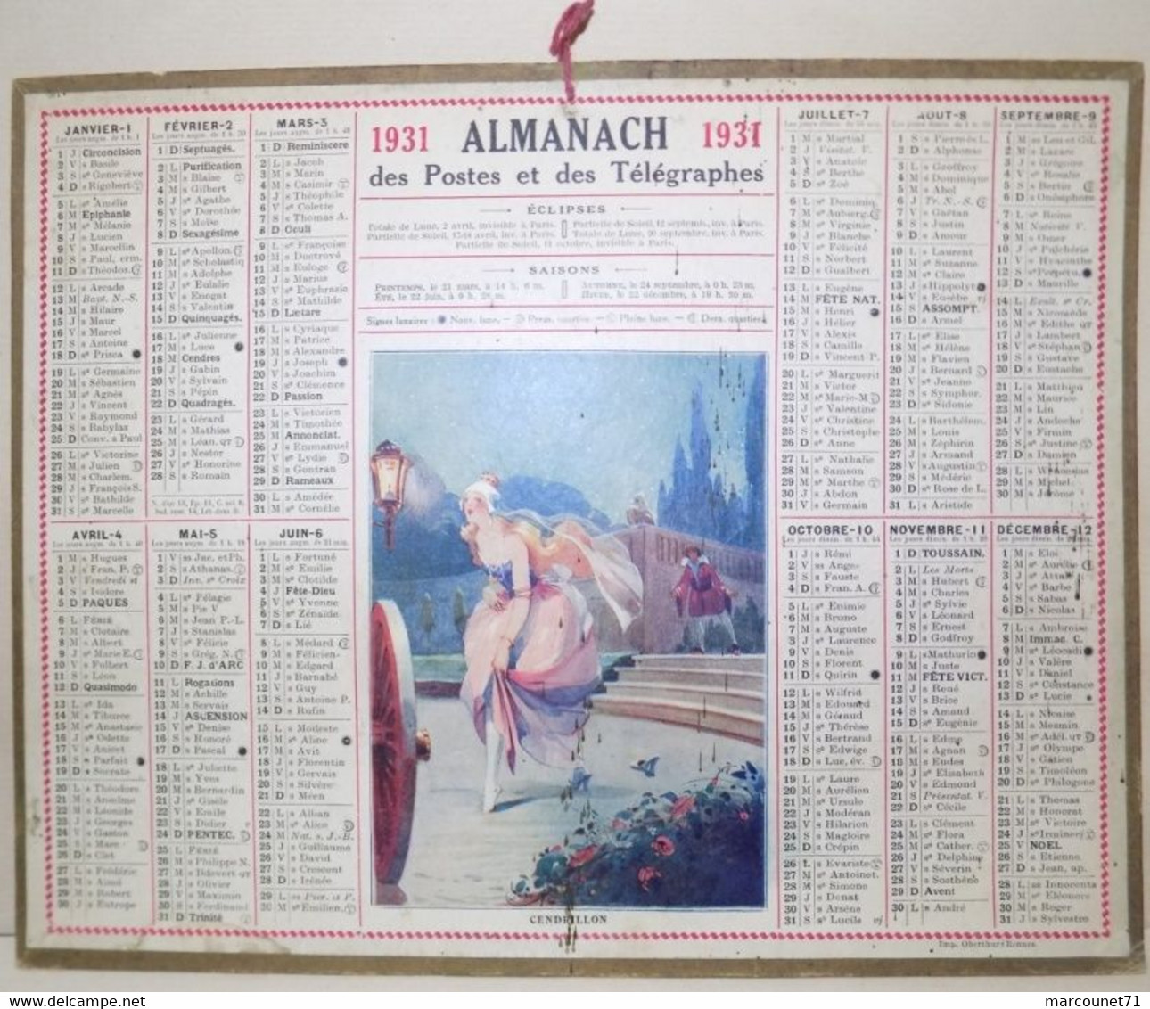 CALENDRIER ALMANACH DES POSTES ET TÉLÉGRAPHES 1931 CENDRILLON MAINE ET LOIRE - Grand Format : 1921-40