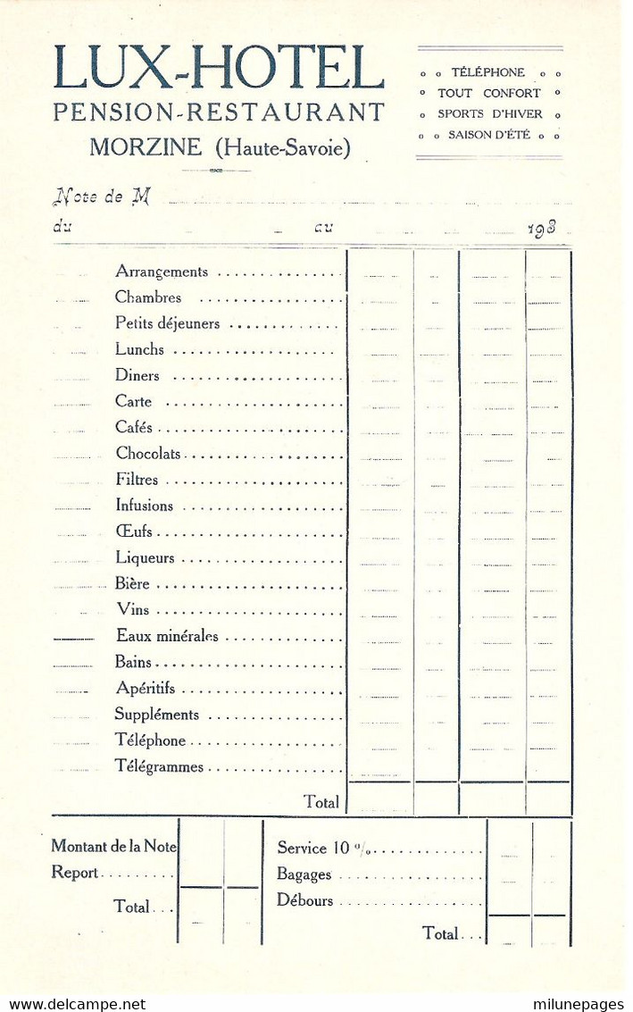 Facturette De L'Hôtel Pension Restaurant Lux-Hôtel De Morzine Haute Savoie Années 30 - Sports & Tourism