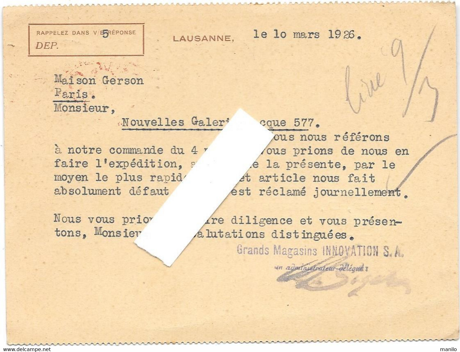 Affranchissement Mécanique Sur CARTE POSTALE REPIQUEE - Gds Magasins INNOVATION à LAUSANNE -Nouvelles Galeries 1926 - Postage Meters