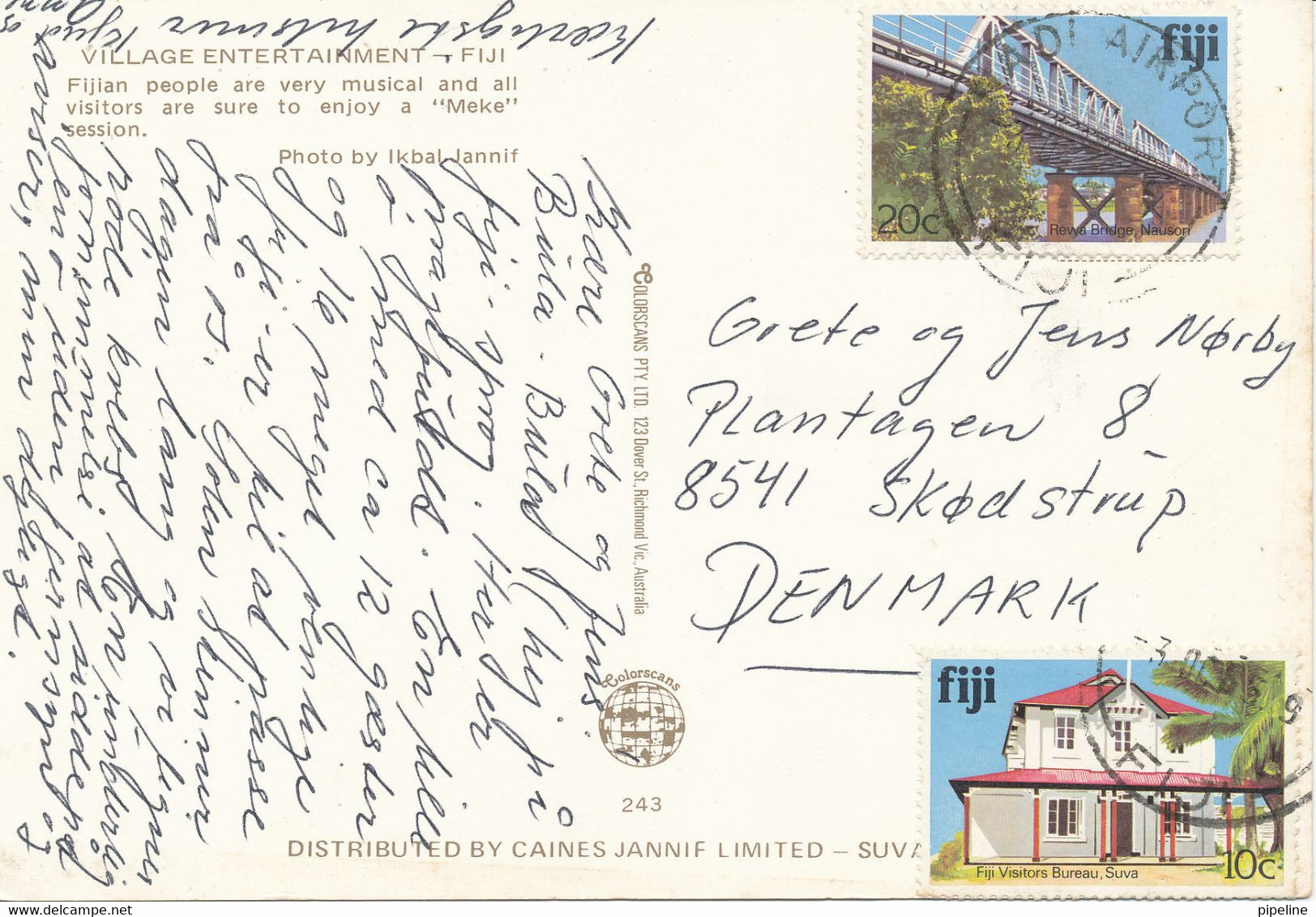 Fiji Postcard Sent To Denmark 3-10-1985 (Village Entertainment) - Fidji