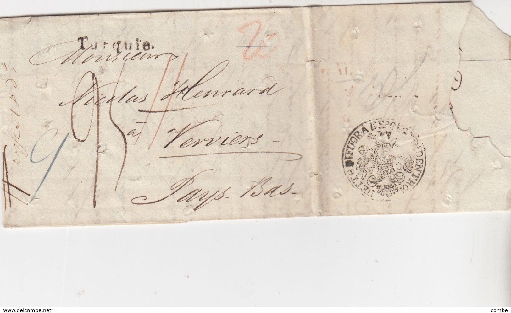 LETTRE DESINFECTEE CHOLERA. TURQUIE. 10 AOUT 1827. CONSTANTINOPLE. HAYES LA FONTAINE POUR NICOLAS HEURARD VERVIERS. - ...-1858 Prephilately