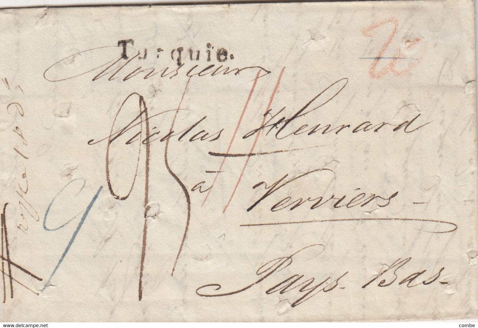 LETTRE DESINFECTEE CHOLERA. TURQUIE. 10 AOUT 1827. CONSTANTINOPLE. HAYES LA FONTAINE POUR NICOLAS HEURARD VERVIERS. - ...-1858 Prephilately