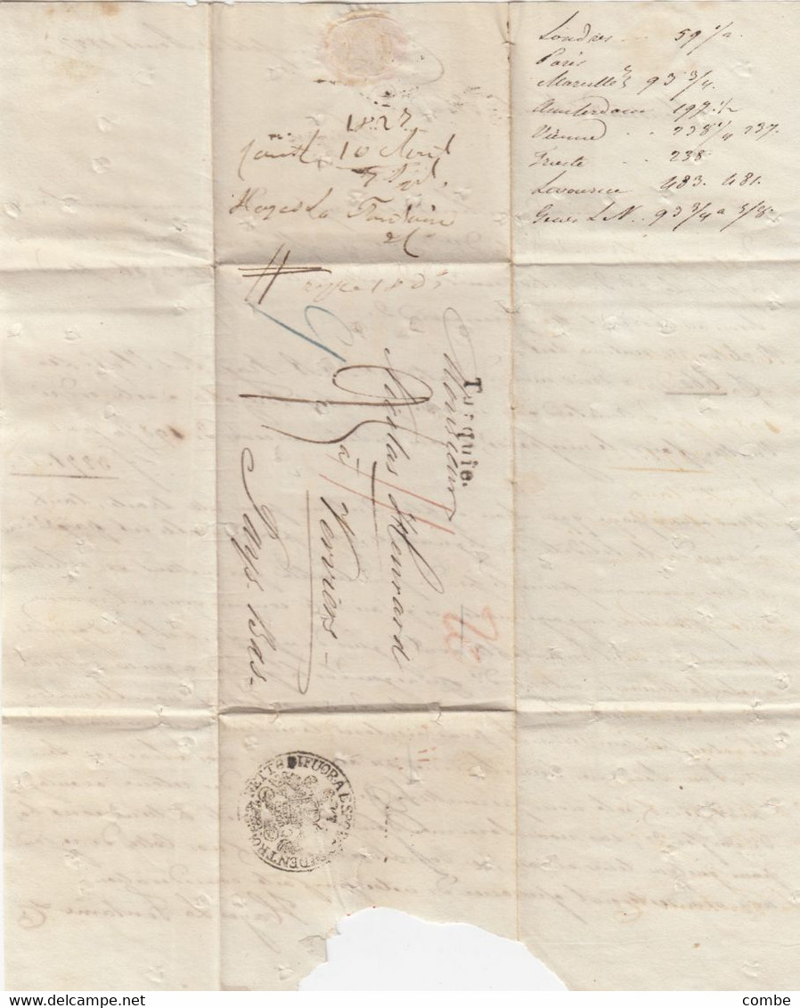 LETTRE DESINFECTEE CHOLERA. TURQUIE. 10 AOUT 1827. CONSTANTINOPLE. HAYES LA FONTAINE POUR NICOLAS HEURARD VERVIERS. - ...-1858 Prephilately