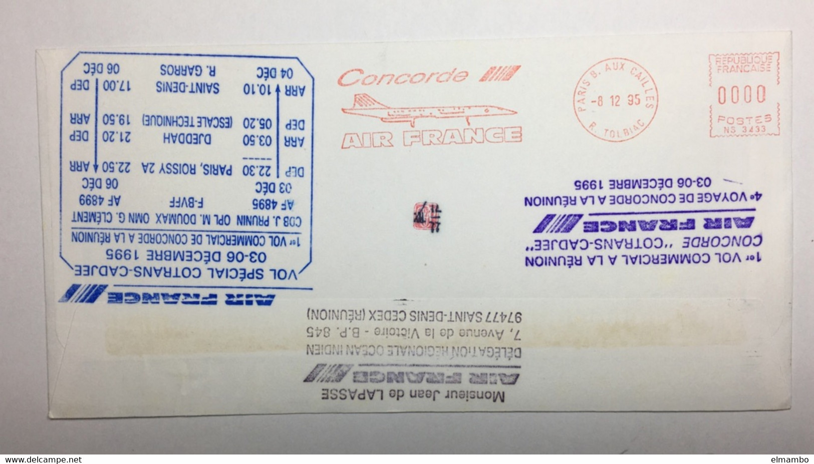 LETTRE PREMIER VOL COMMERCIAL CONCORDE 6/12/1995 A LA REUNION CACHETS +++++ - Eerste Vluchten