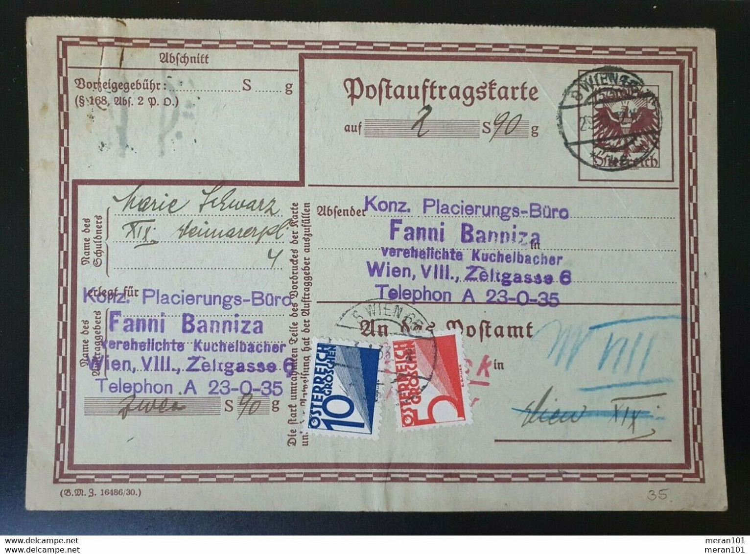 Österreich 1932, Postauftragskarte MiF Porto WIEN - WIEN - Taxe