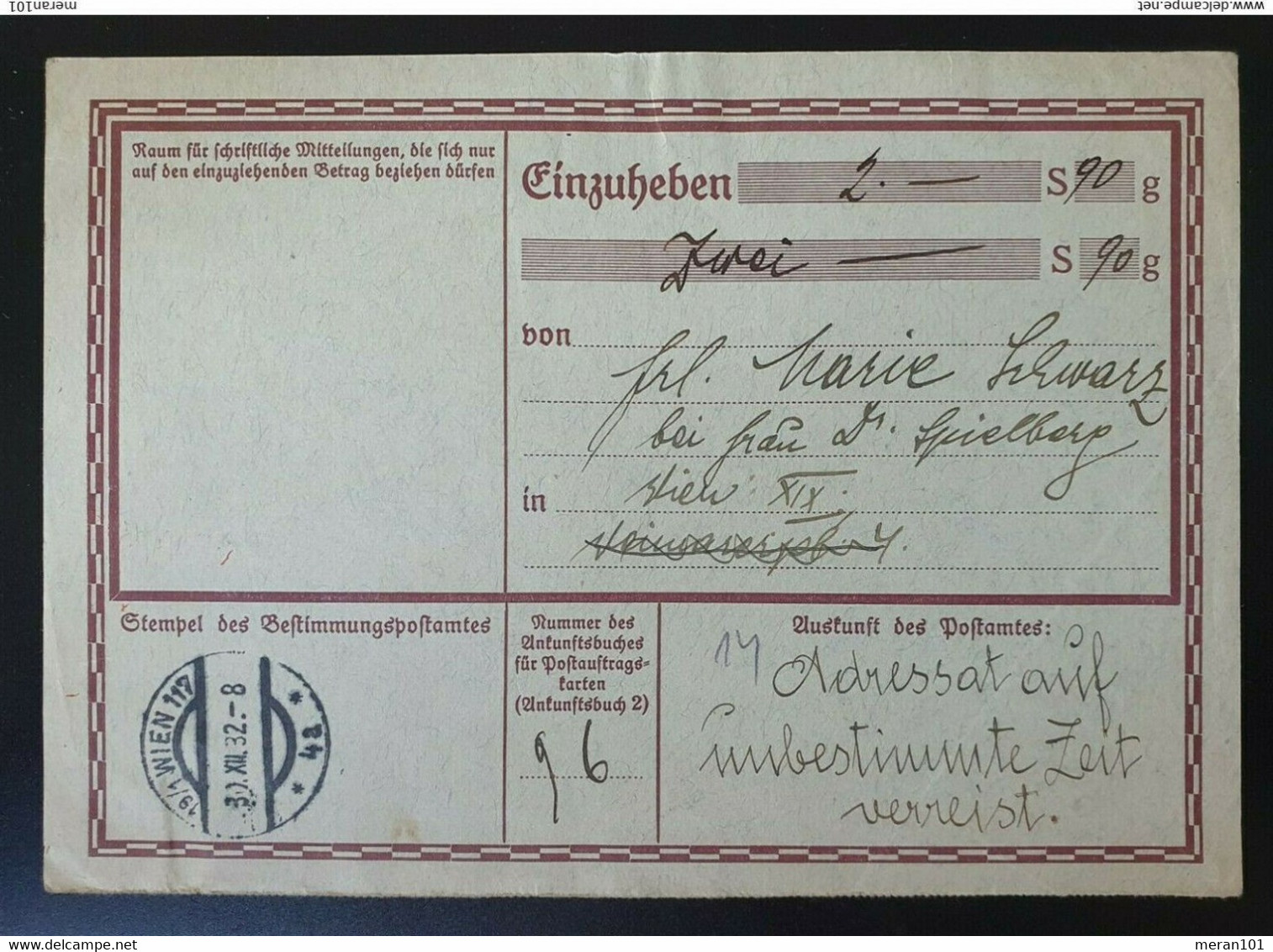 Österreich 1932, Postauftragskarte MiF Porto WIEN - WIEN - Taxe