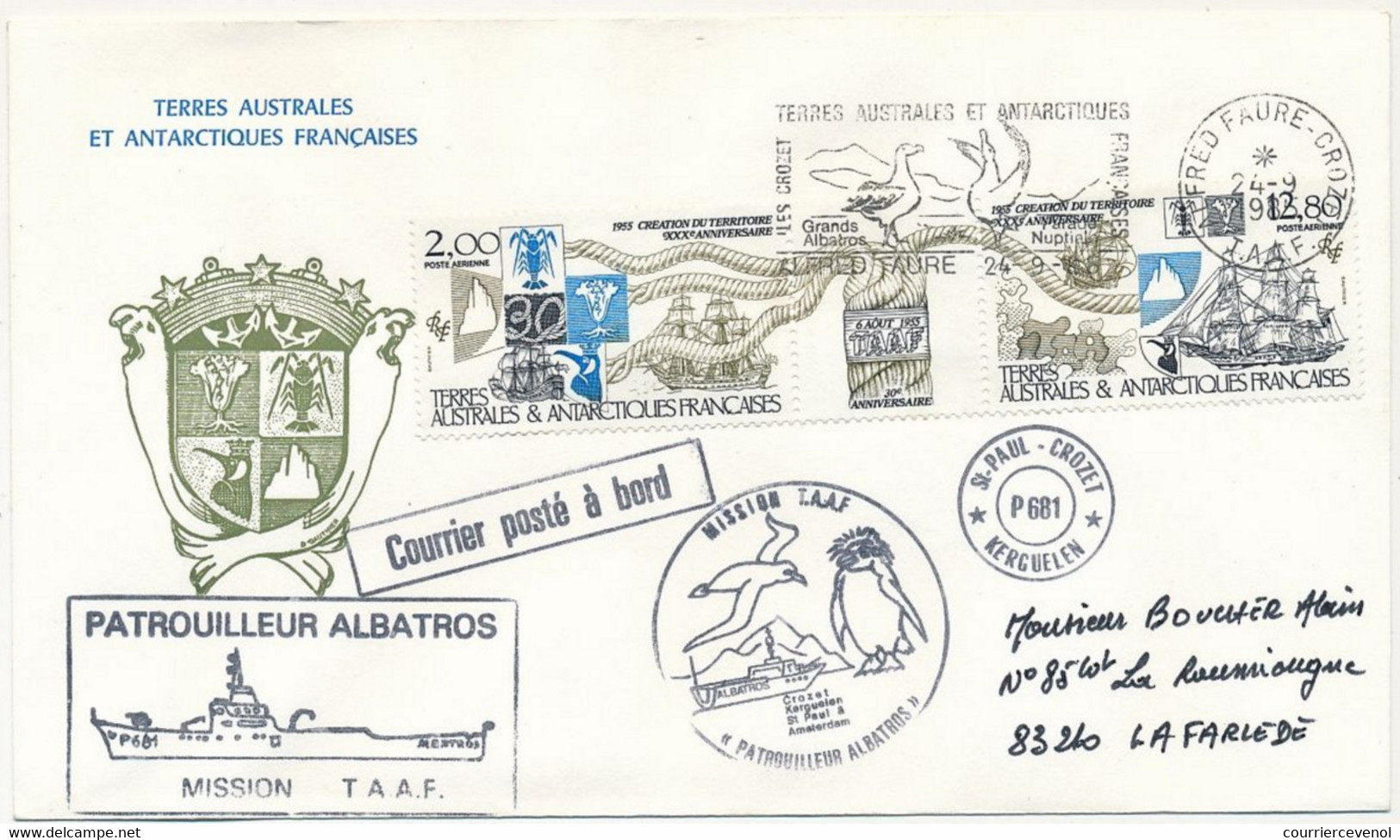 TAAF - Env. Affr 2,00 + 12,80 - 30eme Ann Création Territoire - OMEC Alfred Faure Crozet 24/9/1986 Patrouilleur Albatros - Lettres & Documents