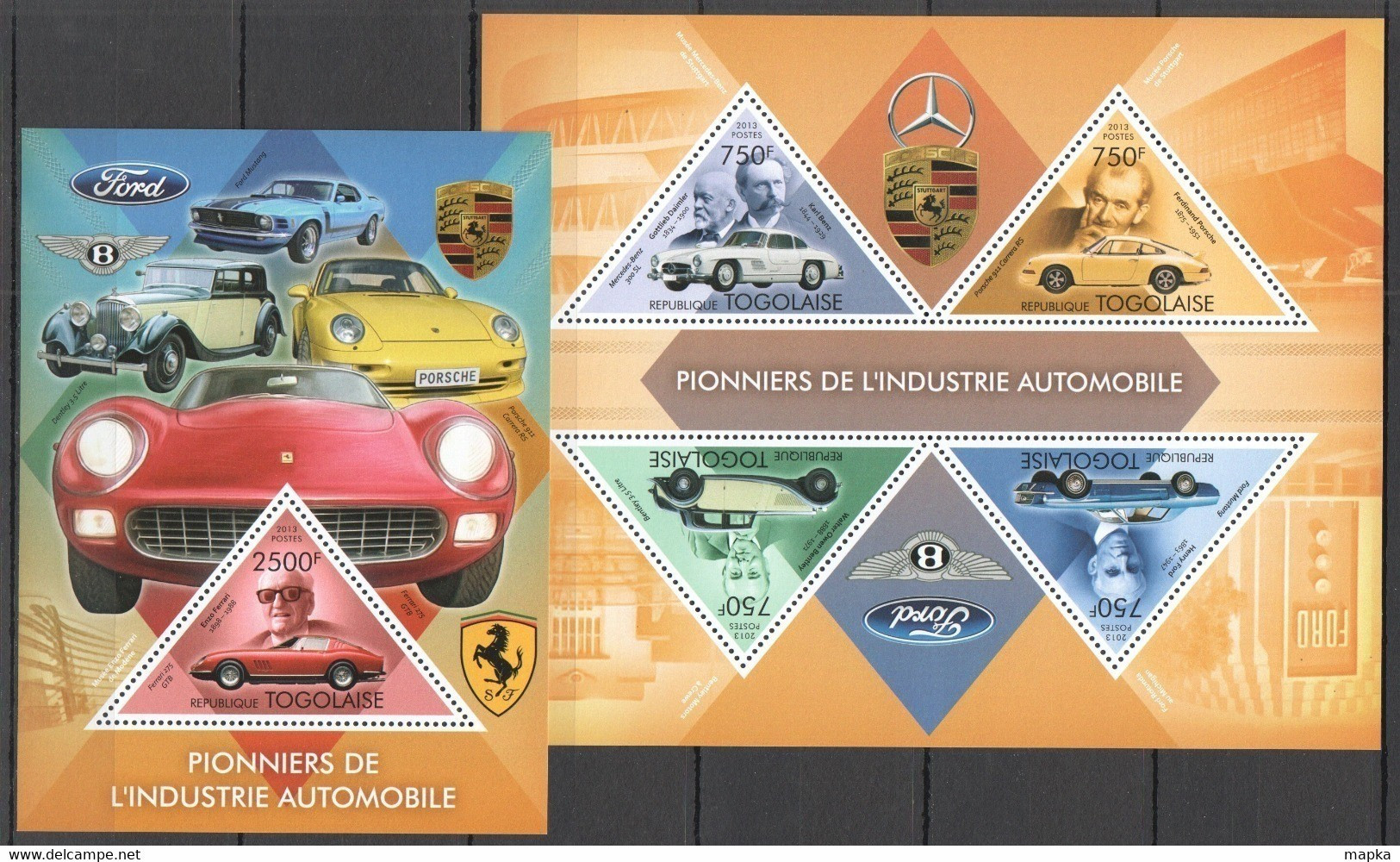 TG713 2013 TOGO TOGOLAISE PIONEERS OF INDUSTRY AUTOMOBILES CARS PORSCHE FERRARI FORD KB+BL MNH - Autos