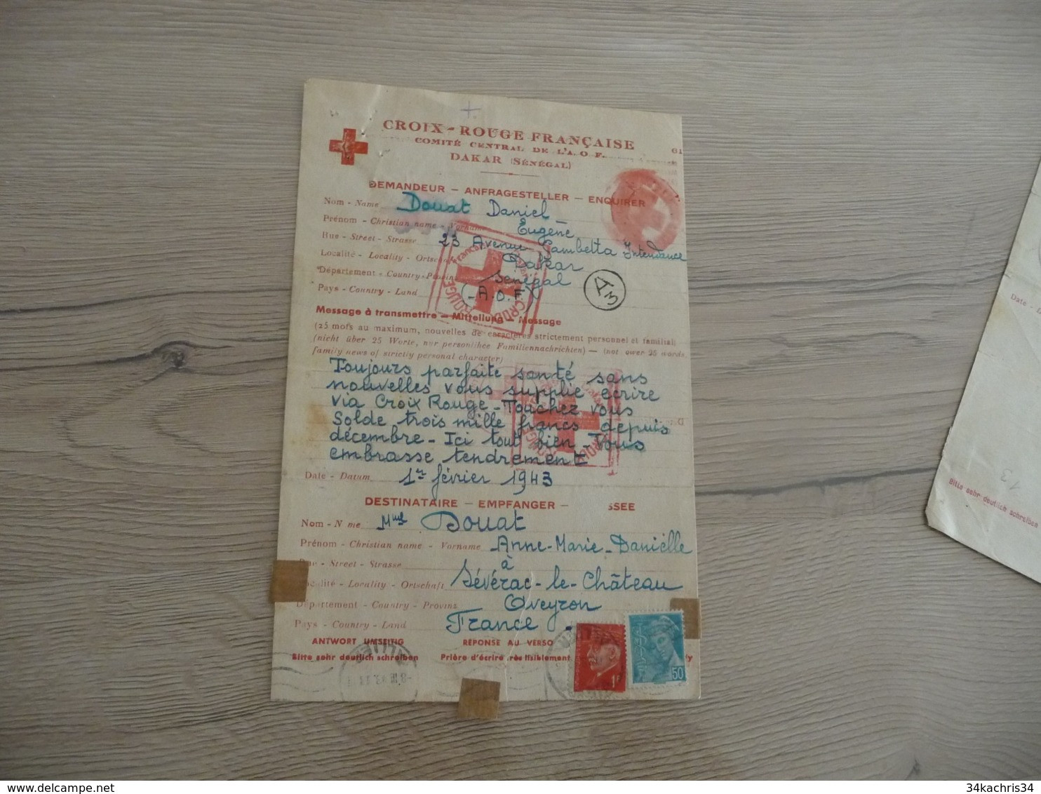 Lettre Colonie Française Sénégal Croix Rouge Dakar Cachet Rouge Demande Nombreux Cachets - Lettres & Documents