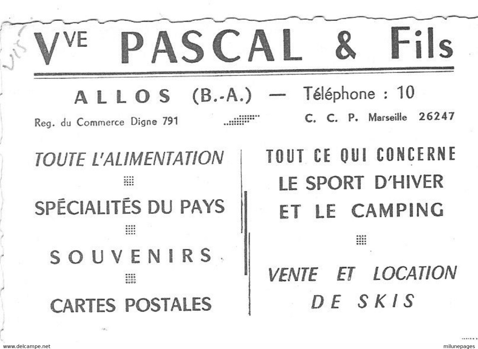 Mini Carte Commerciale Alimentation Vve Pascal & Fils à ALLOS Alpes De Hte Provence Sport D'hiver, Camping, Souvenirs - Deportes & Turismo