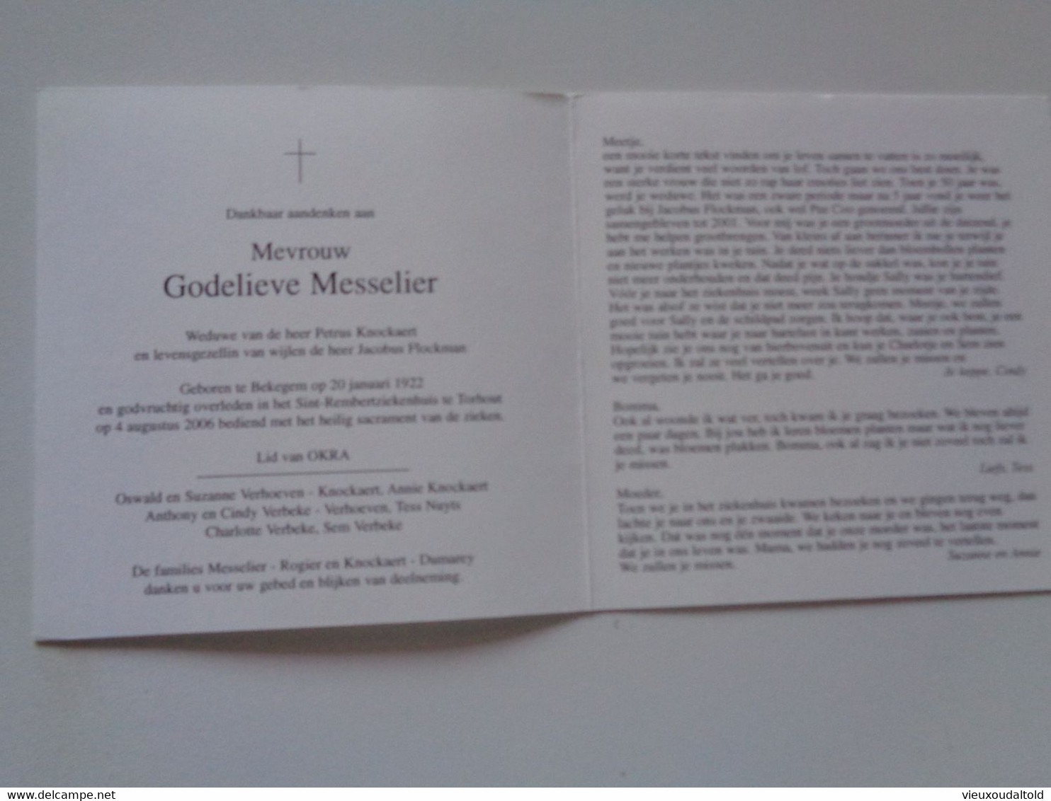 Doodsprentje/Bidprentje   Godelieve Messelier   Bekegem 1922-2006 Torhout (Wwe P.Knockaert/gez.† Jacobus Flockman) - Religion & Esotericism