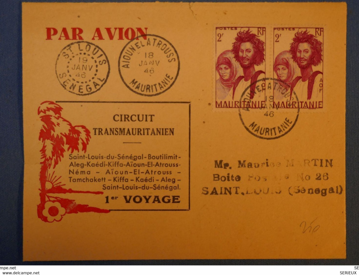 F4 MAURITANIE BELLE LETTRE 1946 PAR AVION IER VOL CIRCUIT TRANSMAURITANIE AIOUNETROUSS POUR SAINT LOUIS SENEGAL + PAIRE - Cartas & Documentos