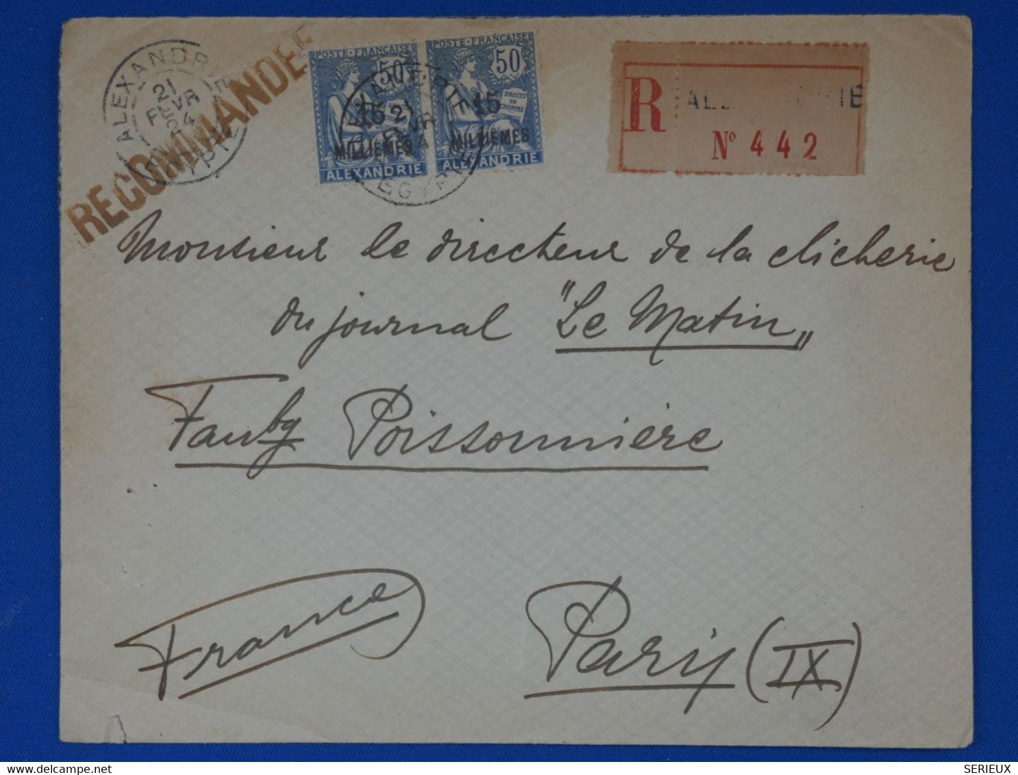 R14 EGYPTE FRANCE BELLE LETTRE RECOM.1924 ALEXANDRIE POUR PARIS FRANCE+ PAIRE DE T.P SURCHARGES+ AFFRANCH PLAISANT - Cartas & Documentos