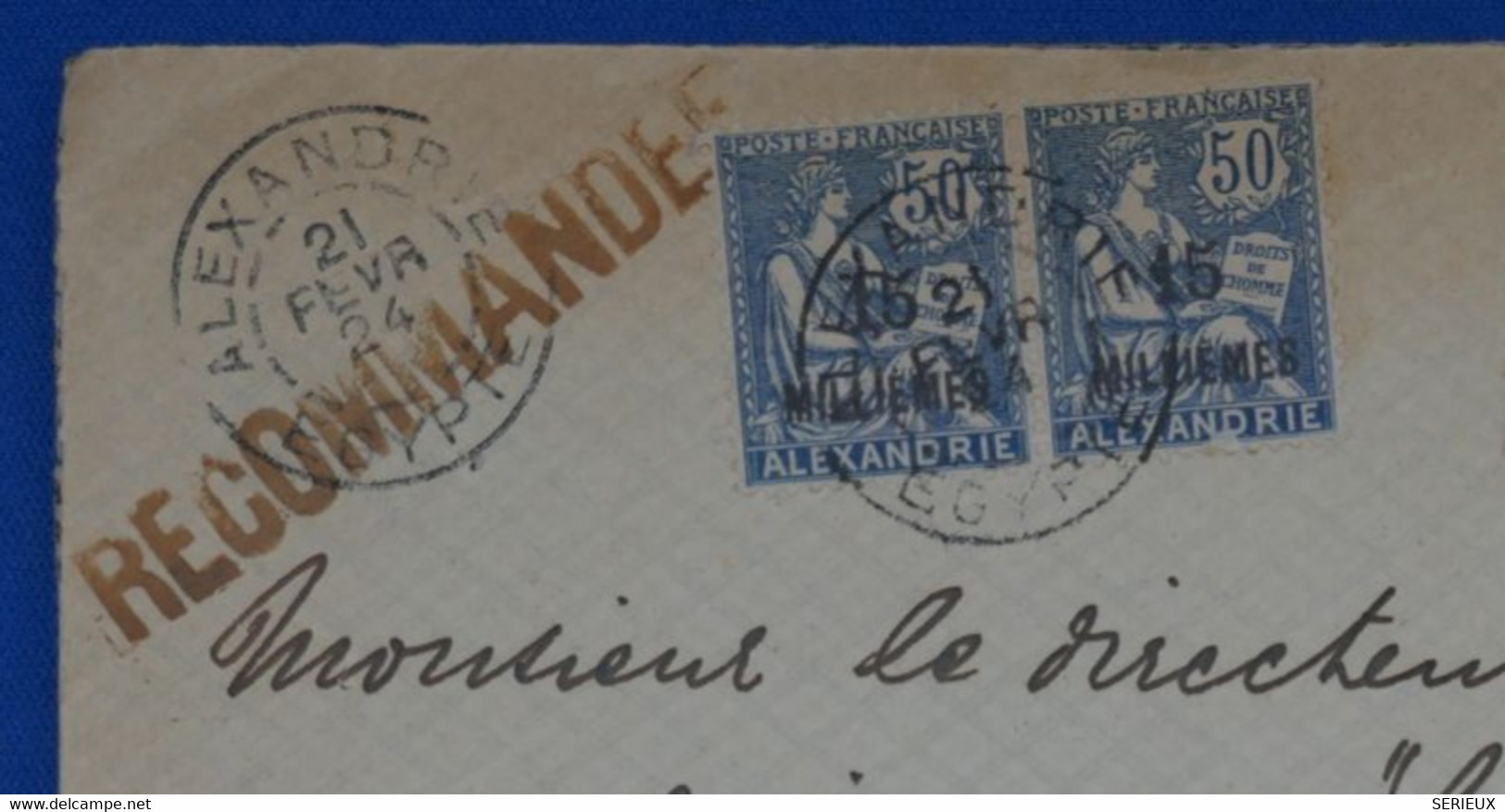 R14 EGYPTE FRANCE BELLE LETTRE RECOM.1924 ALEXANDRIE POUR PARIS FRANCE+ PAIRE DE T.P SURCHARGES+ AFFRANCH PLAISANT - Briefe U. Dokumente