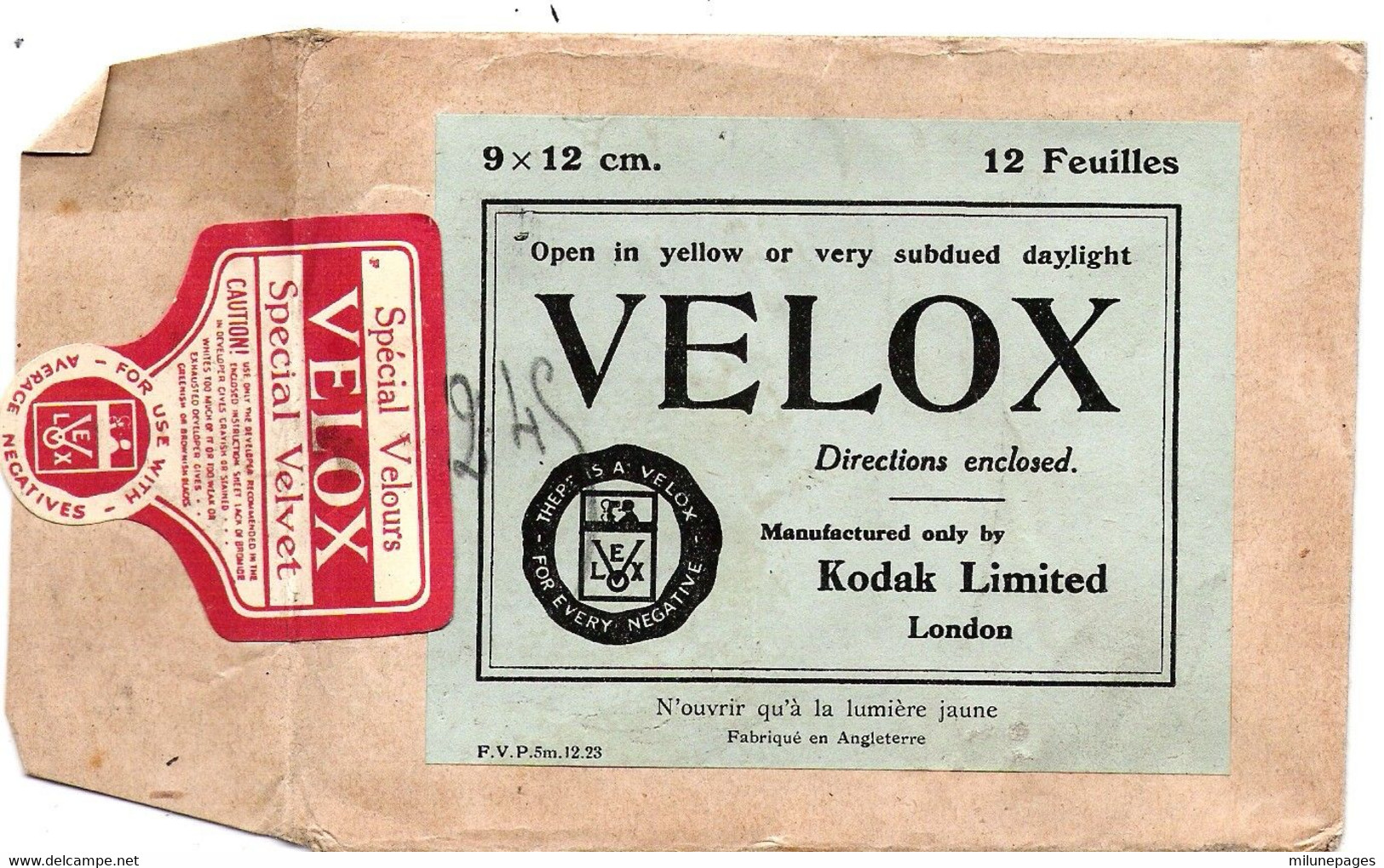 Pochette Pour Papiers Et Cartes Postales KODAK Velox 9x12 Lumière Jaune Avec Mode D'emploi - Material Y Accesorios