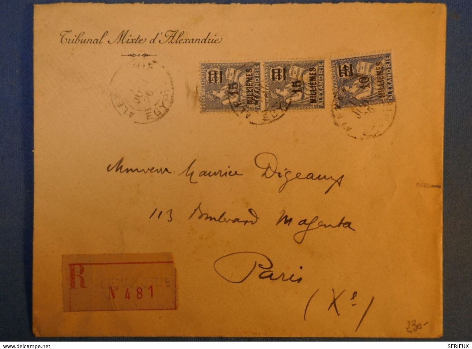F1 EGYPTE BELLE LETTRE RARE RECOM.1926 ALEXANDRIE POUR PARIS +PAIRE TIMBRES SURCHARGES +TRIBUNAL MIXTE AFFRANCH PLAISANT - Briefe U. Dokumente