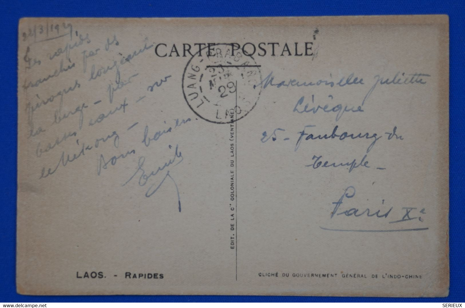 N12 CHINA BELLE CARTE 1929 PETIT BUREAU LUANG POUR PARIS FRANCE+ 2 PAIRES DE T.P+ AFFRANCHISSEMENT PLAISANT - Covers & Documents