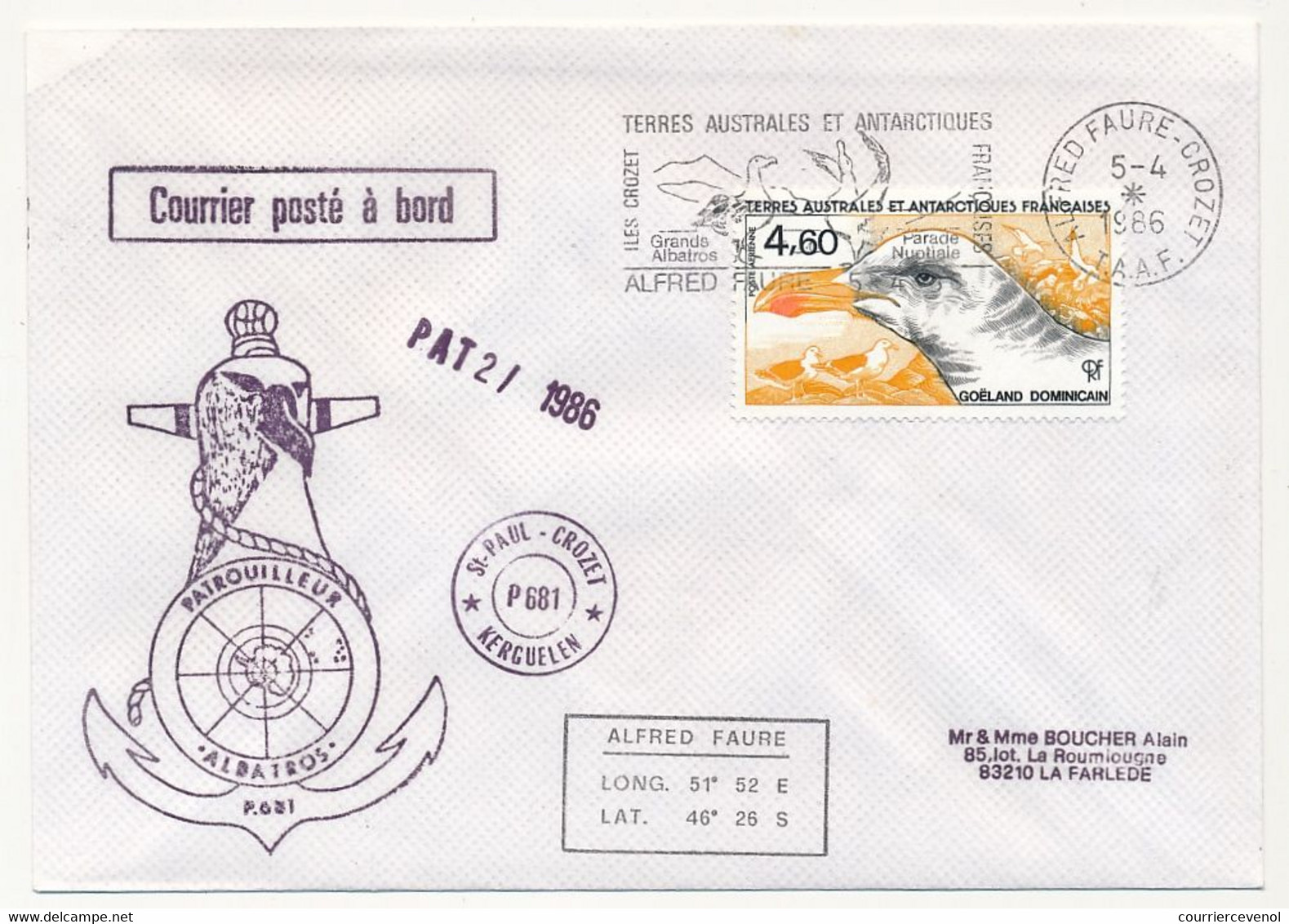 TAAF - Env. Affr 4,60 Goéland Dominicain, OMEC Alfred Faure Crozet 5/4/1986 + Patrouilleurs Albatros + Divers - Storia Postale