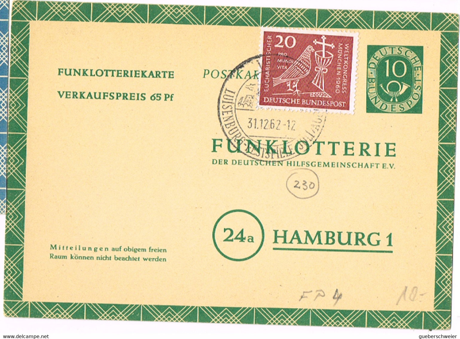 L-ALL-224 - ALLEMAGNE Entier Postal Funklotteriekarte Carte Lotterie Nationale Cor Postal Obl. Ill. De Luisenburg 1962 - Privatpostkarten - Gebraucht