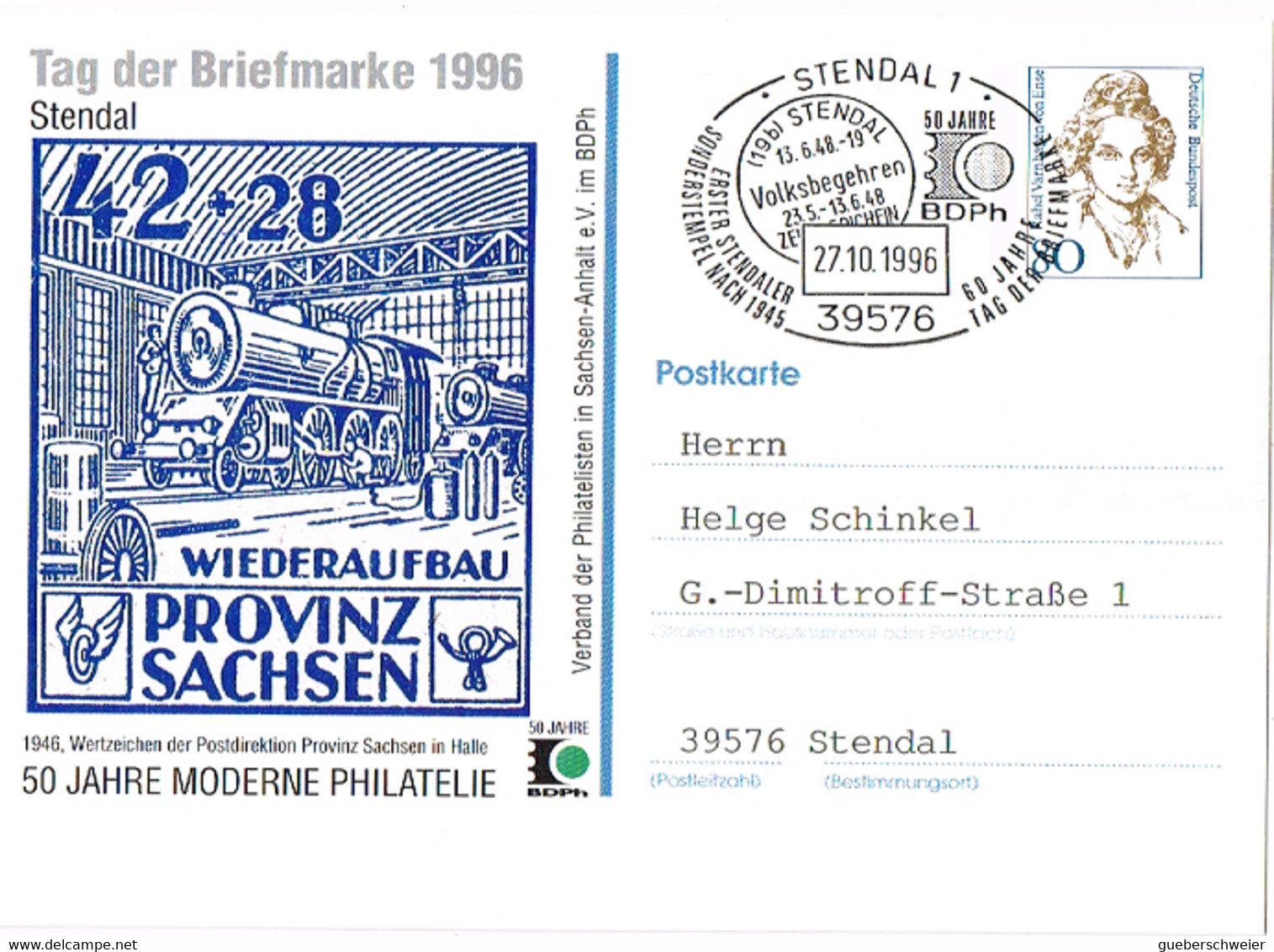 L-ALL-225 - ALLEMAGNE Entier Postal Journée Du Timbre 1996 Thèmes Locomotive, Femmes Célèbres, Philatélie - Cartes Postales Privées - Oblitérées