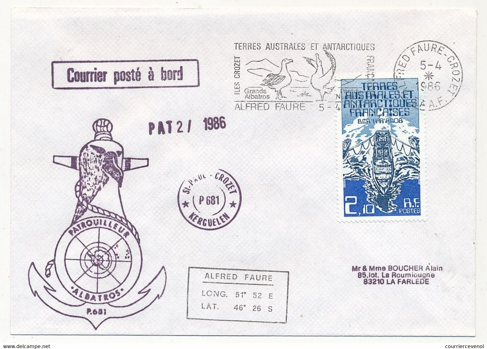 TAAF - Env. Affr 2,10 BCA VAR A608, OMEC Alfred Faure Crozet 5/4/1986 + Patrouilleurs Albatros + Divers - Covers & Documents
