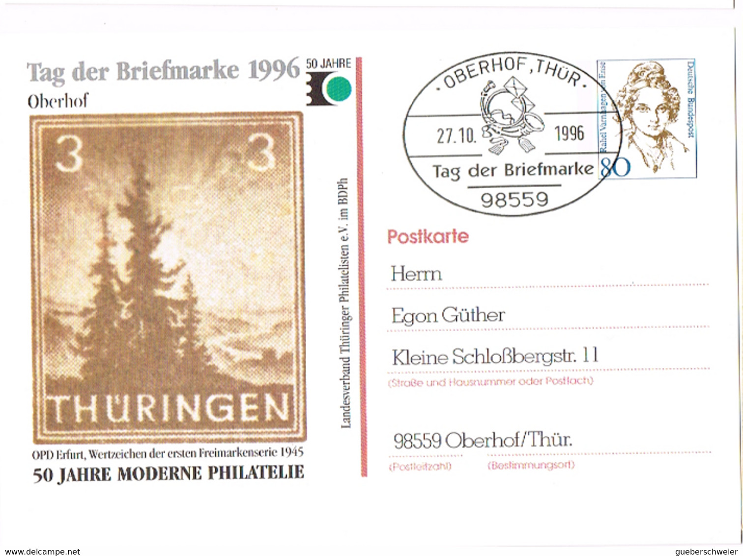 L-ALL-227 - ALLEMAGNE Entier Postal Journée Du Timbre 1996 Thèmes Arbres Sapins Obl. Illustrée Oberhof - Privatpostkarten - Gebraucht