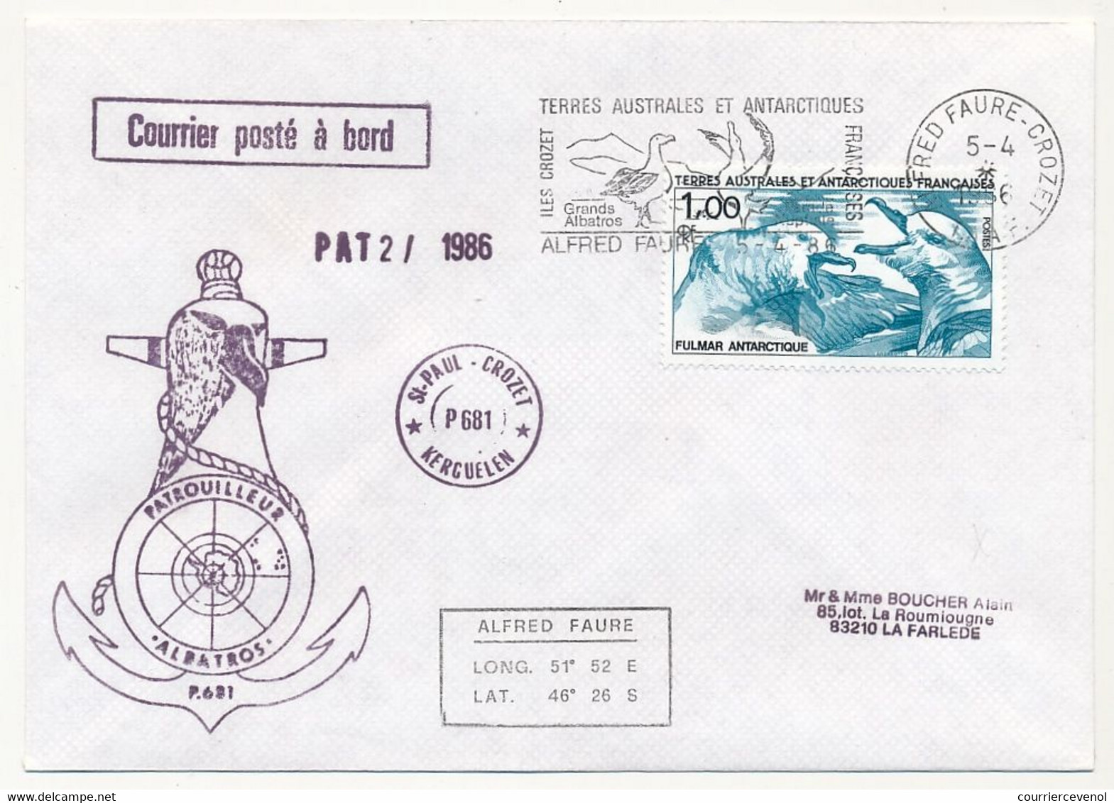 TAAF - Env. Affr 1,00 Fulmar Antarctique, OMEC Alfred Faure Crozet 5/4/1986 + Patrouilleurs Albatros + Divers - Covers & Documents