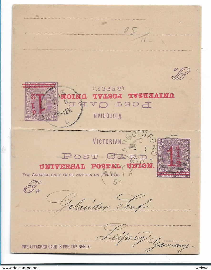 Vic179 / AUSTRALIEN - Victoria Arbotsford  1894. Antwort-Karte, Komplett, Frageteil Verwendet Nach Leipzig - Covers & Documents