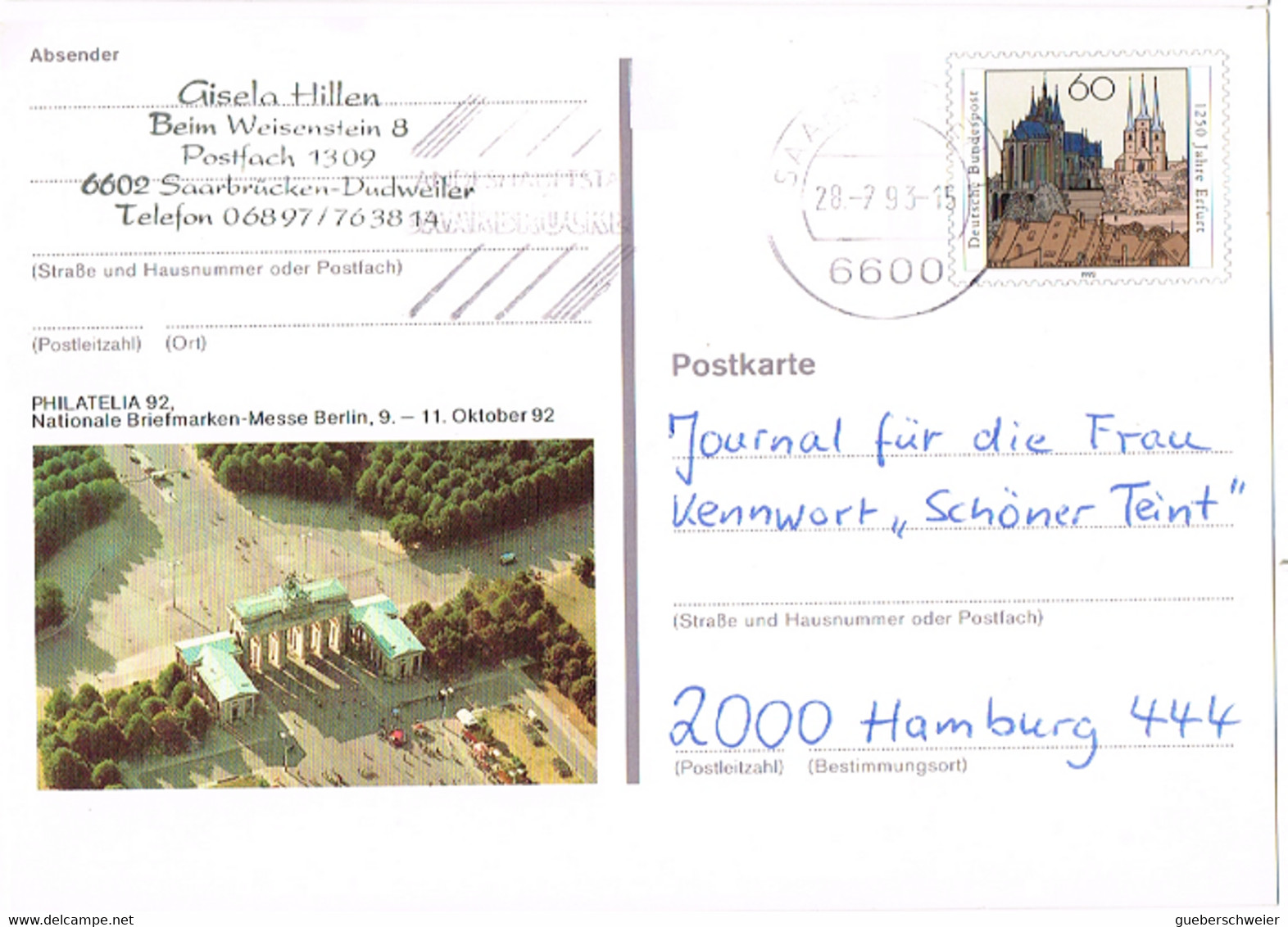 L-ALL-228 - ALLEMAGNE Entier Postal 1250 Ans Erfurt Illustré Philatelia 92 Berlin - Cartes Postales Privées - Oblitérées