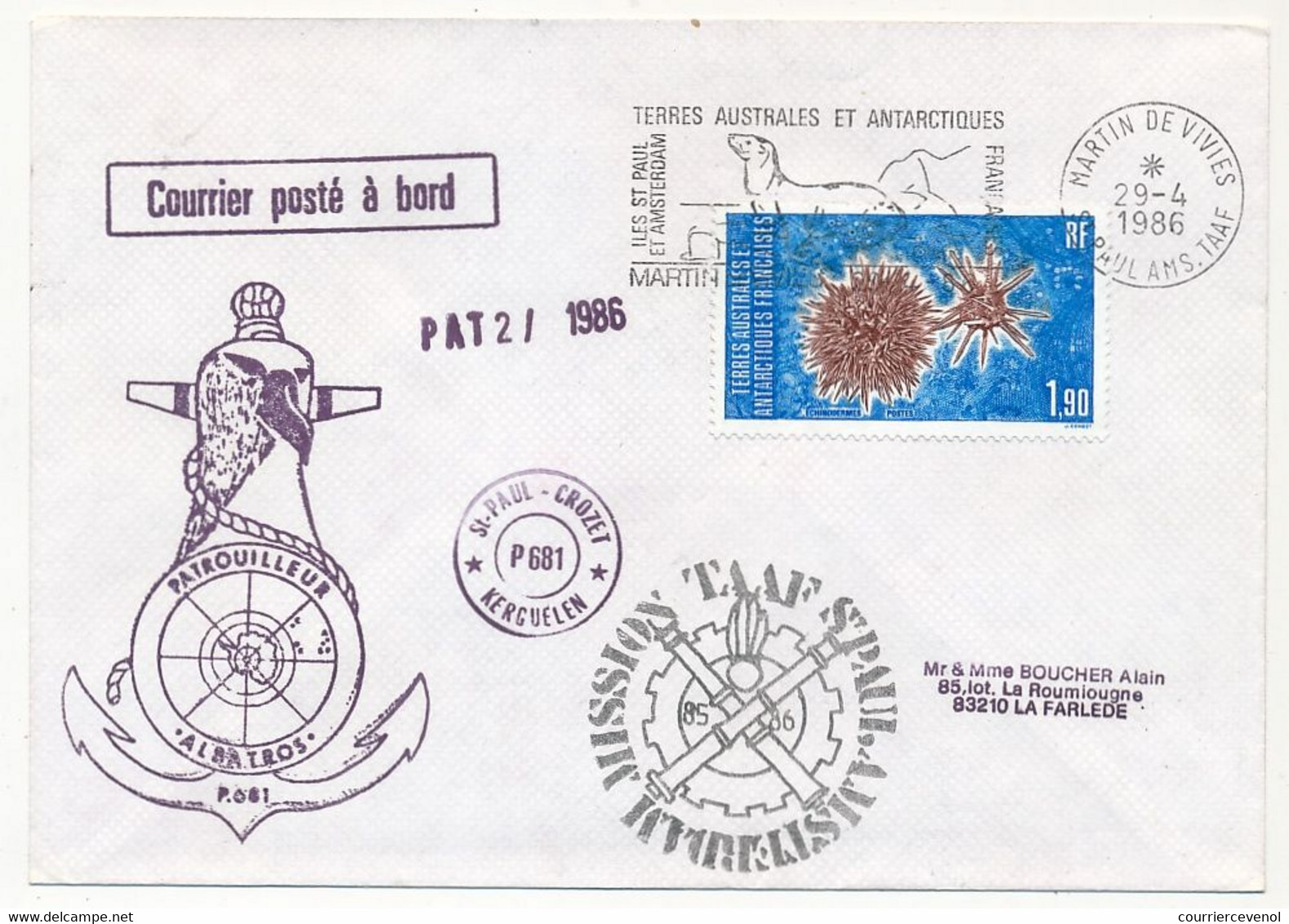 TAAF - Env. Affr 1,90 Echinodermes, OMEC Martin De Vivies 29/4/1986 + Patrouilleurs Albatros + Divers - Covers & Documents