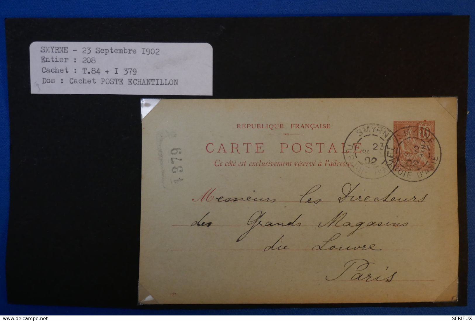 E 12 LEVANT SMYRNE BELLE CARTE  RARE 1902 SMYRNE POUR PARIS + ECHANTILLON POSTE + AFFRANCH PLAISANT - Covers & Documents