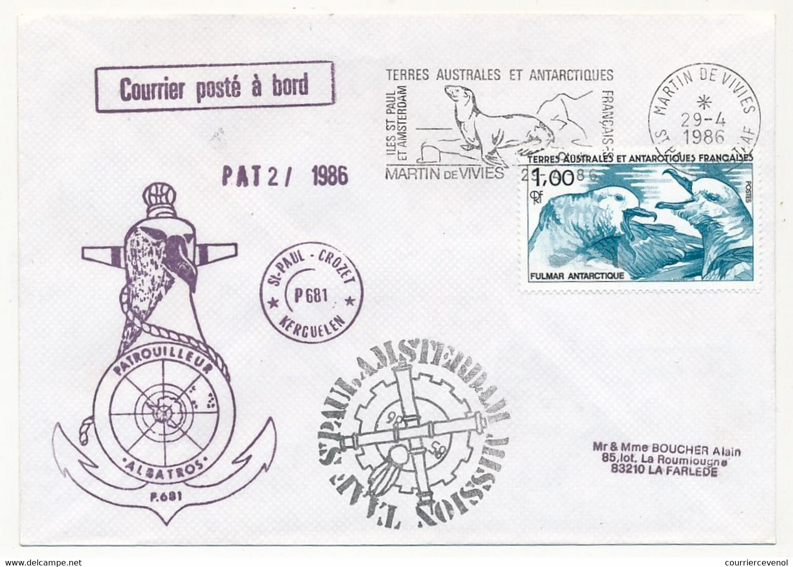 TAAF - Env. Affr 1,00 Fulmar Antarctique, OMEC Martin De Vivies 29/4/1986 + Patrouilleurs Albatros + Divers - Briefe U. Dokumente