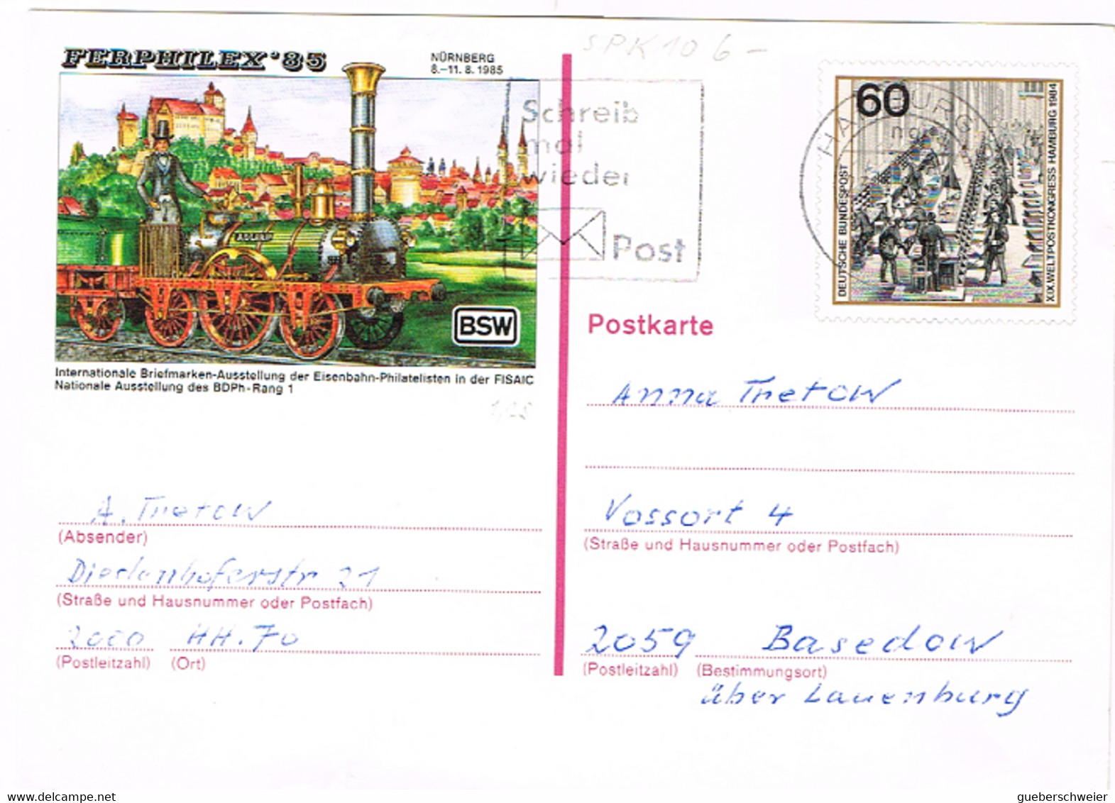 L-ALL-231 - ALLEMAGNE Entier Postal Congrès Postal Hambourg  Illustré Exposition Philatélique Nurenberg Locomotive - Private Postcards - Used