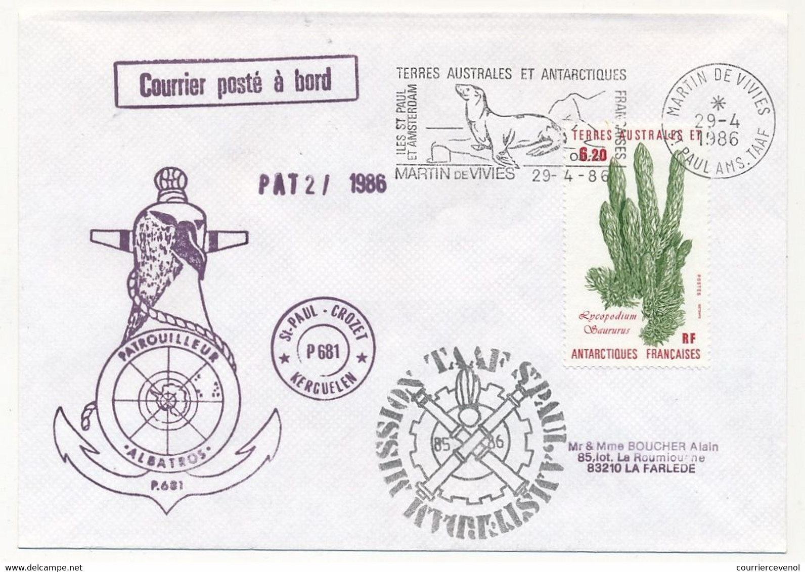 TAAF - Env. Affr 6,20 Encopodium Saururus, OMEC Martin De Vivies 29/4/1986 + Patrouilleurs Albatros + Divers - Cartas & Documentos