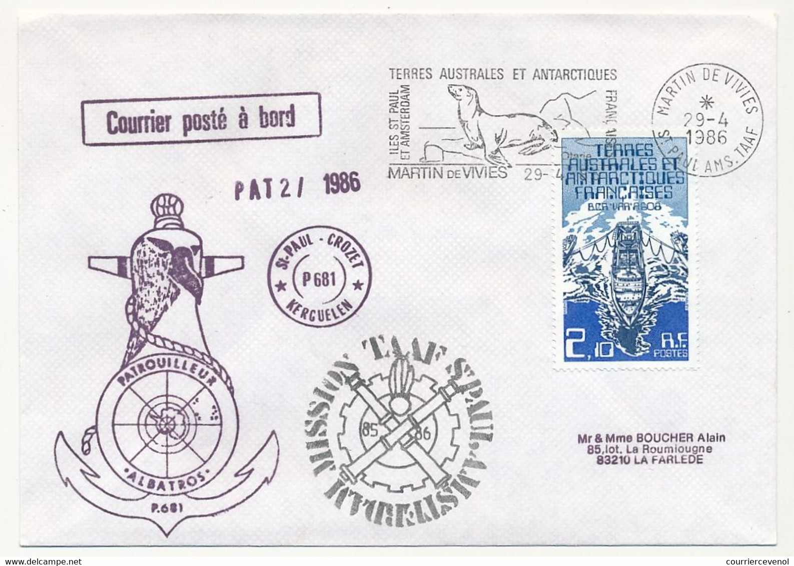 TAAF - Env. Affr 2,10 BCA VAR A608, OMEC Martin De Vivies 29/4/1986 + Patrouilleurs Albatros + Divers - Cartas & Documentos