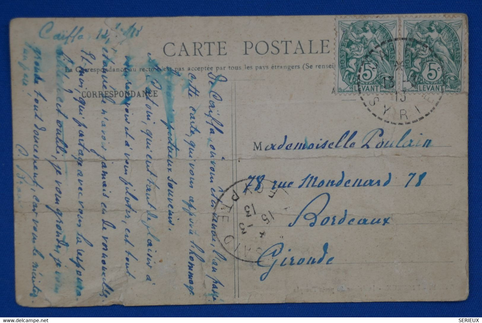 N18 SYRIE LEVANT BELLE CARTE RARE 1913 PETIT BUREAU CAIFA POUR BORDEAUX FRANCE + PAIRE DE T.P + AFFRANCH INTERESSANT - Lettres & Documents