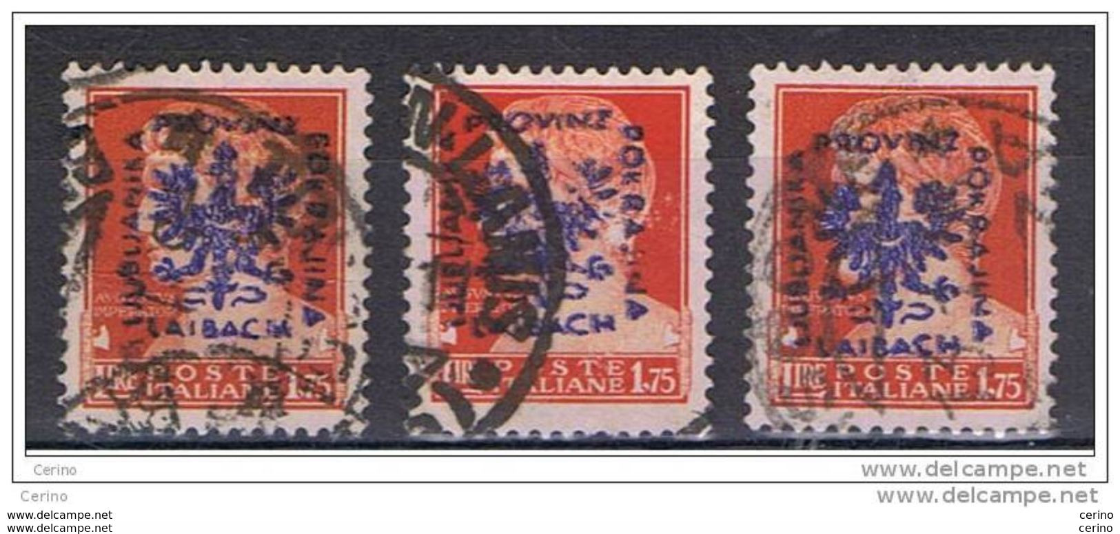 LUBIANA - OCC. TEDESCA:  1944  SOPRASTAMPATO  -  £. 1,75  ARANCIO  US. -  RIPETUTO  3  VOLTE  -  SASS. 12 - Occ. Allemande: Lubiana