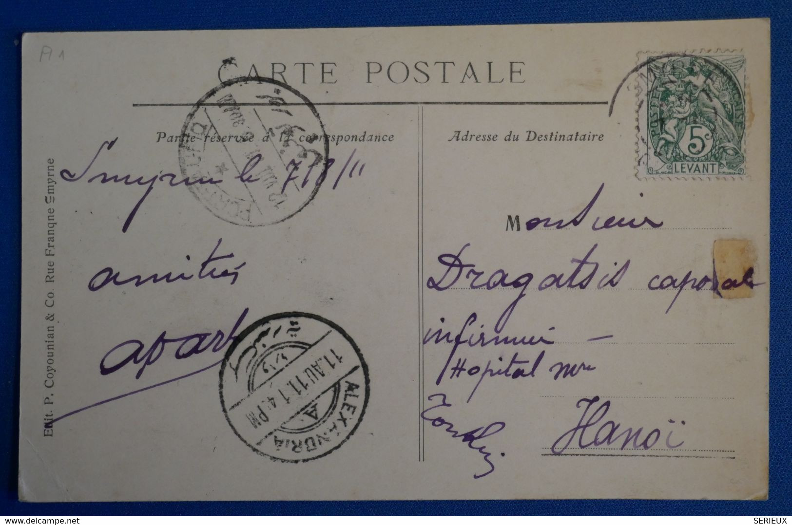 N18 EGYPTE LEVANT BELLE CARTE  1913 ALEXANDRIE POUR HANOI FRANCE +LA MOSQUEE++ PAIRE DE T.P + AFFRANCH INTERESSANT - Storia Postale