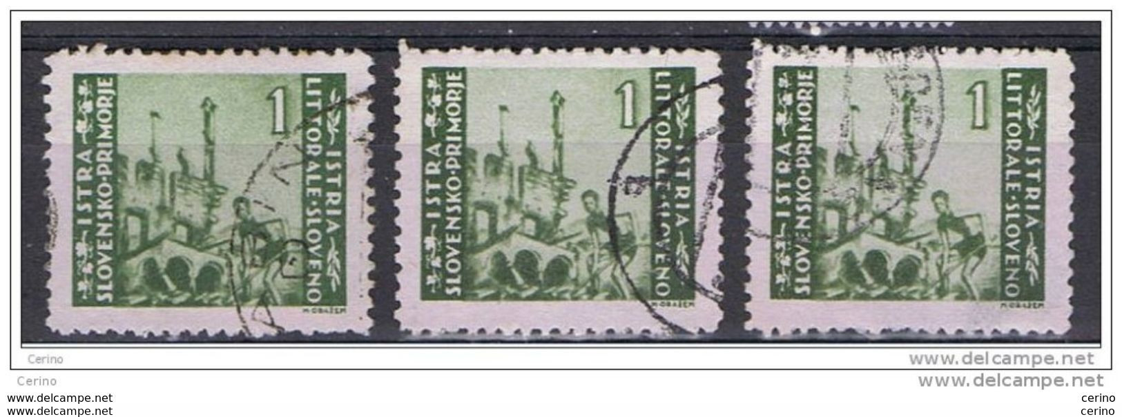 ISTRIA - OCC. JUGOSLAVA:  1946  TIRAT. BELGRADO -  £. 1  VERDE  OLIVA  US. -  D. 11 1/2  -  RIPETUTO  3  VOLTE  SASS. 63 - Ocu. Yugoslava: Istria