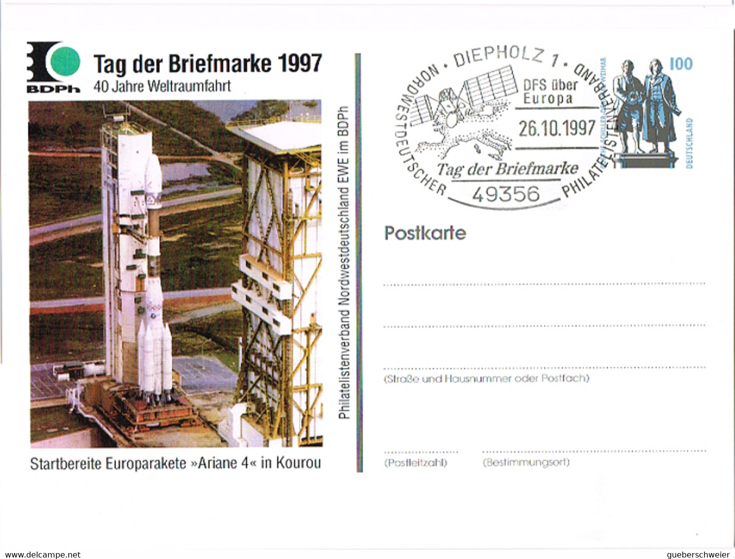 L-ALL-239 - ALLEMAGNE Entier Postal Illustré Fusée Ariane 4 à Kourou Journée Du Timbre 1997 De Diepholz - Privé Postkaarten - Ongebruikt