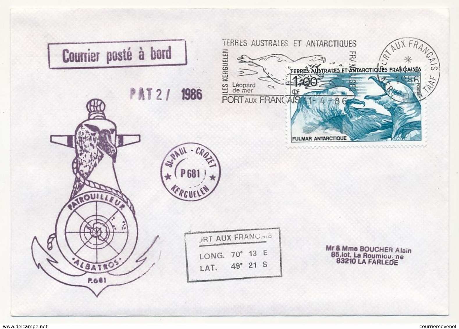 TAAF - Env. Affr 1,00 Pulmar Antarctique, OMEC Port Aux Français 11/4/1986 + Patrouilleurs Albatros + Divers - Covers & Documents