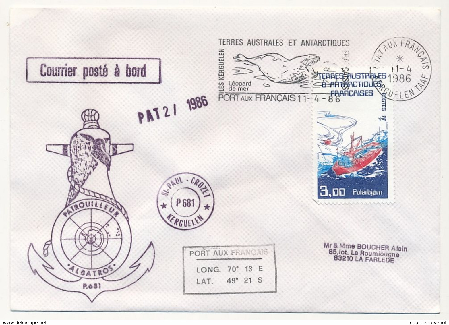 TAAF - Env. Affr 3,00 Polarbjorn, OMEC Port Aux Français 11/4/1986 + Patrouilleurs Albatros + Divers - Storia Postale