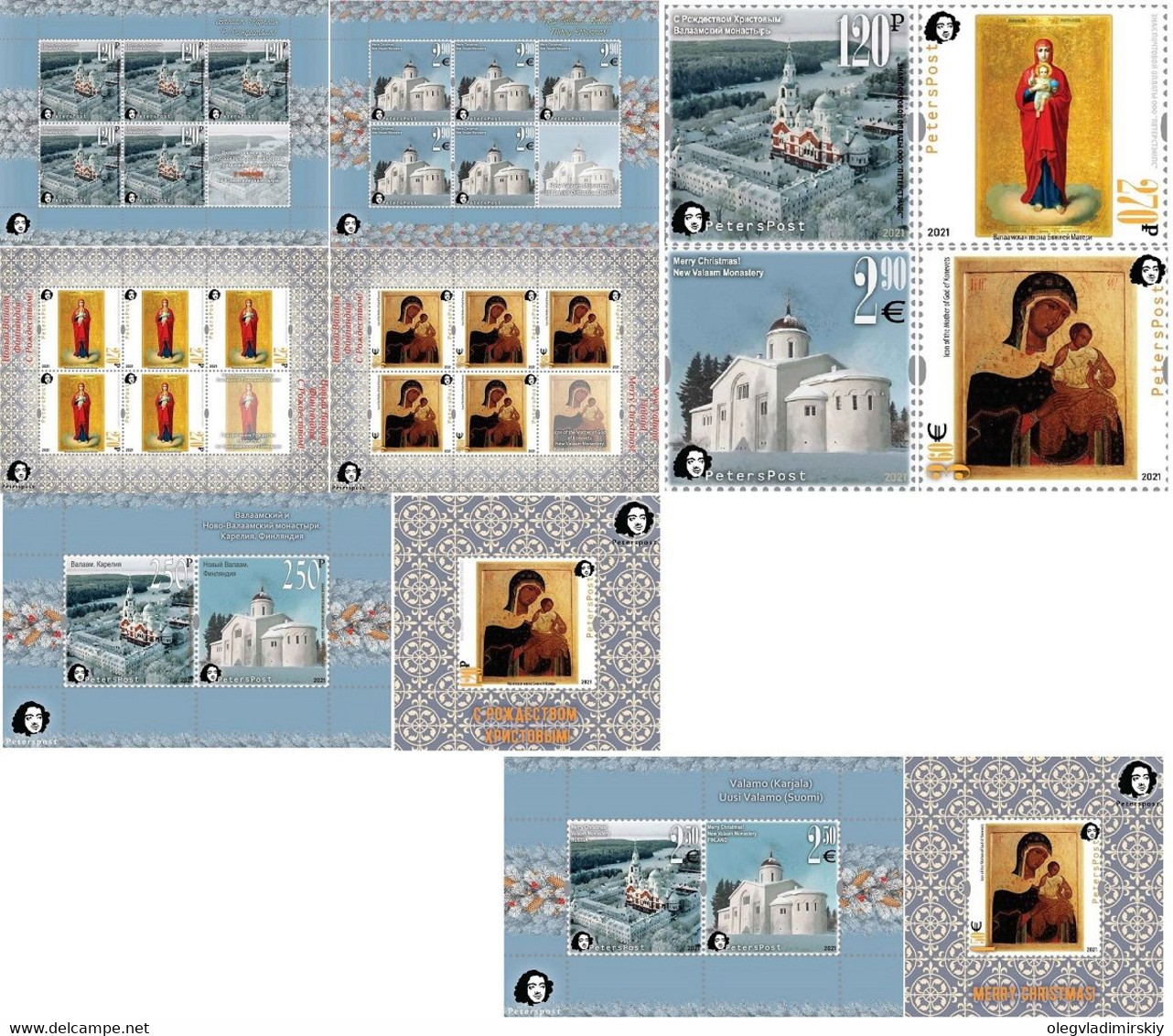 Russia And Finland 2021 Christmas Valaam Monastery Cathedrals And Icons Petersposts Full Set Of Stamps Blocks Sheetlets - Ungebraucht