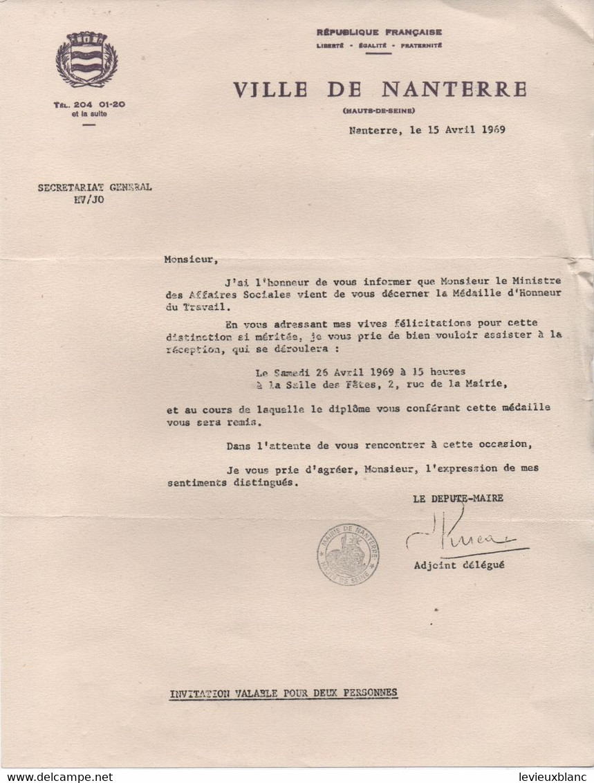 Réception De Remise  Médaille D'Honneur Du Travail/Ministre Des Affaires Sociales/Ville De NANTERRE/1969         DIP260 - Francia