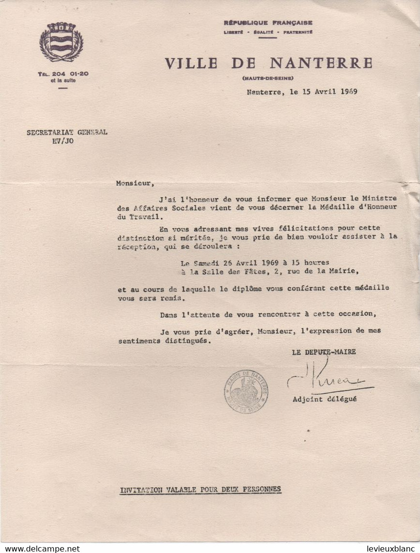 Réception De Remise  Médaille D'Honneur Du Travail/Ministre Des Affaires Sociales/Ville De NANTERRE/1969         DIP260 - Frankrijk