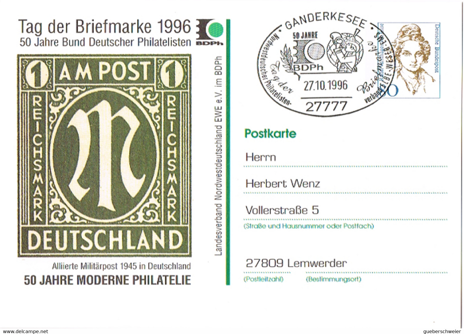 L-ALL-246 - ALLEMAGNE Entier Postal Illustré Poste Militaire En 1945 Journée Du Timbre 1996 Obl. Ill. De Ganderkesee - Privé Postkaarten - Ongebruikt