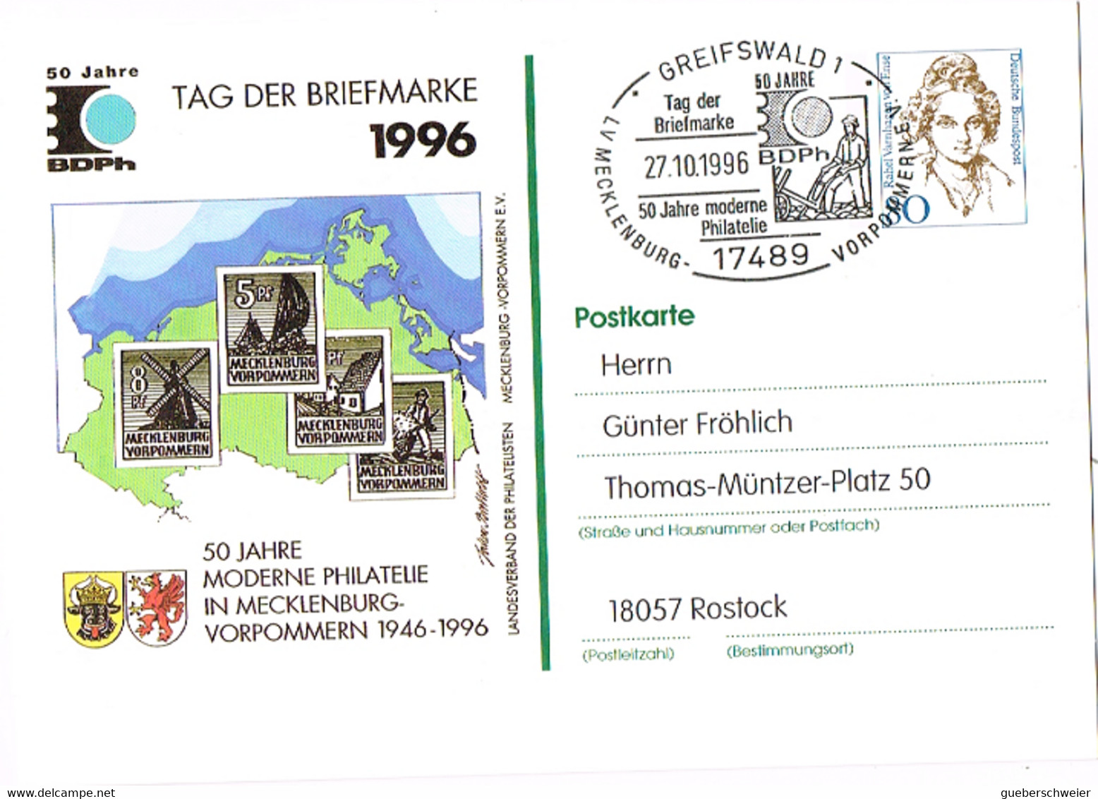 L-ALL-247 - ALLEMAGNE Entier Postal Illustré Journée Du Timbre 1996 à Mecklenburg Obl. Ill. De Greifswald - Privatpostkarten - Ungebraucht